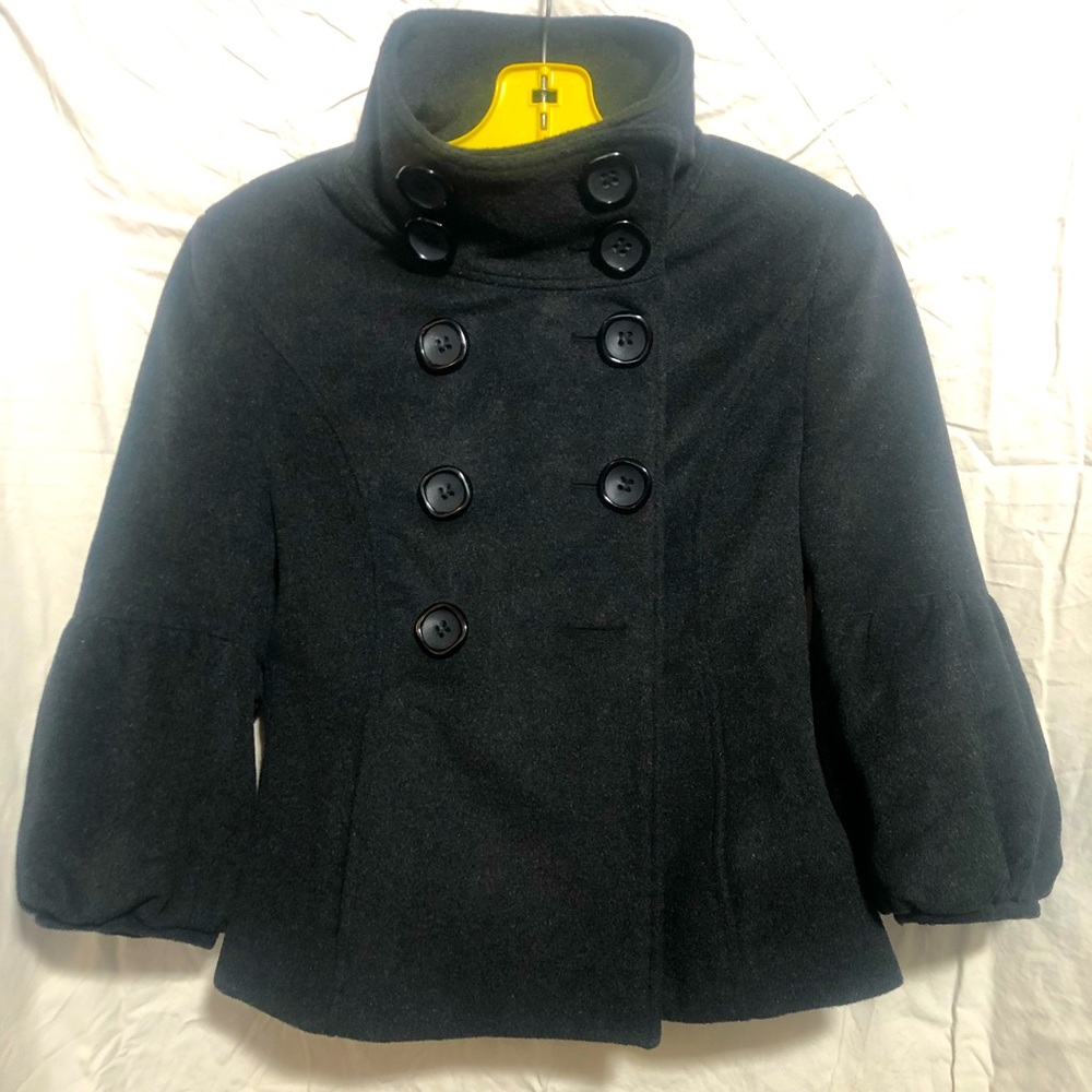 BEBE Small Women’s Waist Length ‘P’ Coat w/ Tapered Bell Sleeves. Black Wool.